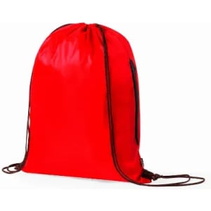 A red drawstring backpack with dark strings and a side pocket. The material appears smooth and lightweight.