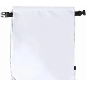 A white drawstring bag with a secure closure mechanism, featuring black straps on the sides.