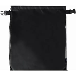 A black drawstring bag featuring a clasp closure and a branded logo.