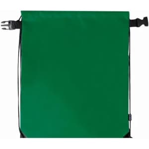 A green promotional drawstring bag with black straps and fastenings, featuring a simple design.