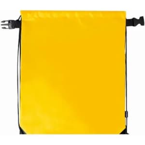 A drawstring bag in bright yellow with black accents and a closure mechanism. Features a simple, minimalist design.