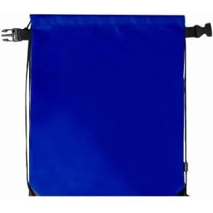 A drawstring backpack in a vibrant blue colour, featuring adjustable straps and a simple design with a logo.