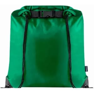 A green drawstring bag with a buckle closure and black straps, featuring a logo on the side.