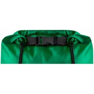 A green waterproof bag features a drawstring closure and a buckle for secure fastening.