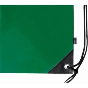 A green promotional product with a black corner and a string tie. It features a logo on one side.