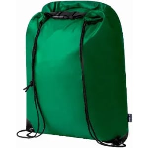 A green drawstring backpack with black accents and a sleek, minimalist design. Features adjustable straps.