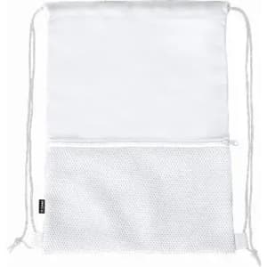A drawstring backpack in white fabric with a mesh compartment at the bottom. The bag features logo branding.