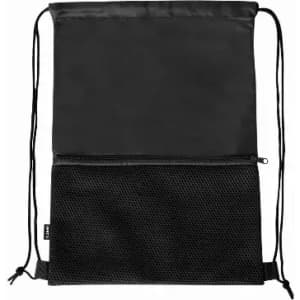 A drawstring bag in black with a mesh zipper pocket at the bottom and a solid top portion.