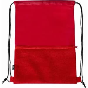 A red drawstring backpack featuring a mesh pocket and a solid top compartment, with black cords for closure.