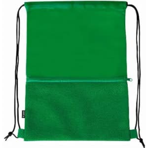 A green drawstring backpack with a mesh pocket at the bottom. It features two black adjustable cords.