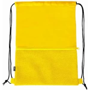 A yellow drawstring backpack with a mesh pocket at the bottom and a zippered compartment. It features black drawstrings.