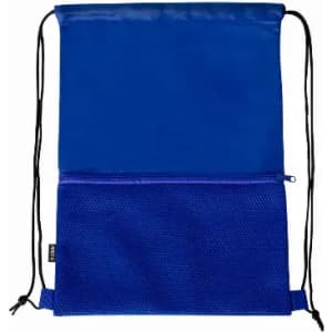 A drawstring bag in vibrant blue with a mesh pocket at the bottom and a zipper compartment.