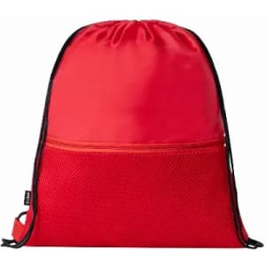 A red drawstring bag made of smooth and mesh materials, featuring a front zip pocket and black detailing.