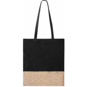 A tote bag featuring a black upper section and a natural-toned textured lower section, with two handles.