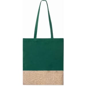 A green tote bag with a natural woven base and two long handles, featuring a simple design.