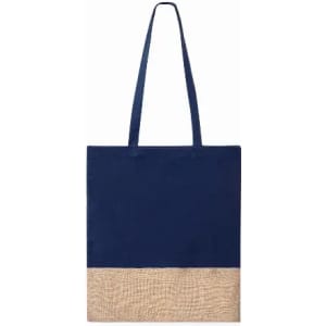 A tote bag featuring a navy upper section and a textured beige lower section, with dual shoulder straps.