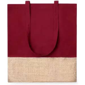 A tote bag featuring a maroon fabric upper and a natural hessian lower section, with two carry handles.