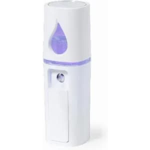 A drink bottle in white with a purple accent, featuring a logo and a water droplet design element.