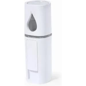 A drink bottle in white with a unique cut-out design and a removable section. Features a logo on the surface.