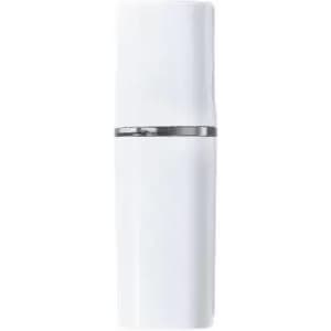 A drink bottle in white with a silver band, featuring a branded design.