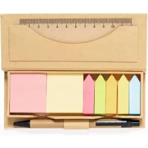 A stationery set in a brown holder featuring sticky notes in assorted pastel colours and a black pen.