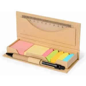 A stationery set featuring a ruler, a black pen, and assorted sticky notes in pink, yellow, green, and blue, all in a natural-coloured holder.