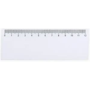A white plastic ruler with metric and imperial measurements marked along the top edge. It has a clean, minimalist design.