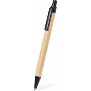 A black and natural wooden pen with a click mechanism and a simple design. It features a logo on the barrel.