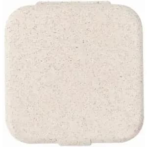 A square eco-friendly product in a light beige colour with a speckled texture, featuring a branded logo.