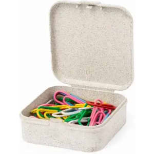 A square container with a lid filled with assorted colourful paper clips, set against a plain background.