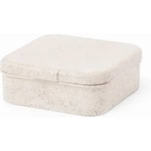 A square, light grey storage box with rounded edges and a hinged lid. It features a textured surface and a simple design.