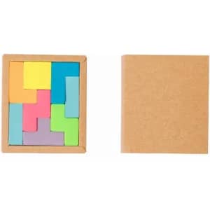 A puzzle set featuring colourful geometric pieces in a cardboard box, with a plain brown cover on the side.