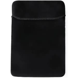 A black tablet sleeve featuring a smooth surface and a top closure. It has a simple design and an understated look.