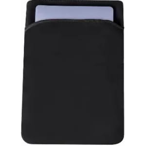 A black tablet sleeve with a smooth finish, featuring a pocket for a device.