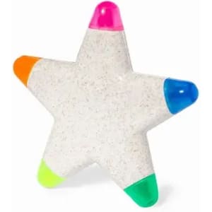 A star-shaped product in white with pink, blue, green, and orange tips. It features a logo or branding.