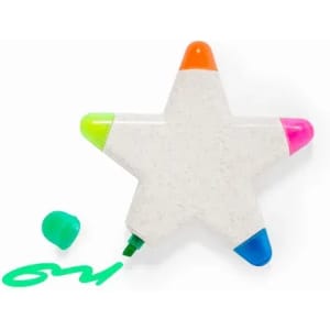 A star-shaped highlighter with pink, green, blue, and orange tips, featuring a white body.