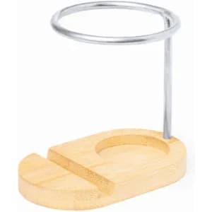 A bamboo stand with a metal ring for holding a drink bottle, featuring a smooth, light wood finish.