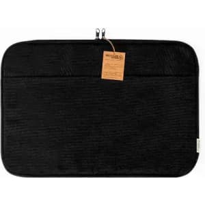 A black laptop sleeve with a textured design and a zip closure. It features a tag and a pocket on the front.
