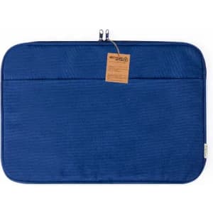 A laptop sleeve in a deep navy blue with a textured design and a zippered closure, featuring a tag.
