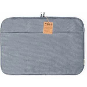 A grey laptop sleeve with a zip closure and an attached tag. It features a textured fabric design.