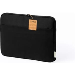 A black laptop sleeve with a zip closure and a tag attached, featuring a minimalist design.