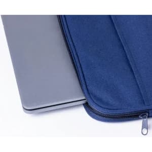 A navy laptop sleeve partially unzipped with a laptop visible inside. The materials appear sturdy and durable.