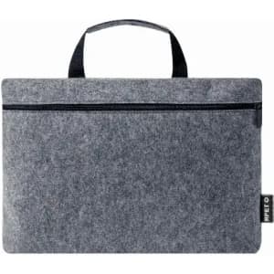 A grey felt laptop bag with a zip closure and a handle on top. It has a branding logo on the side.