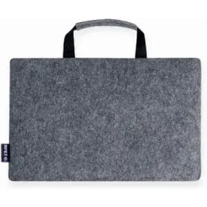 A grey felt laptop sleeve with a handle, featuring a logo on the side.