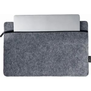 A laptop sleeve in grey felt with a zippered closure, holding a silver laptop inside. Has a logo.