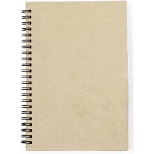 A spiral-bound notebook with a plain beige cover and a black wire binding.