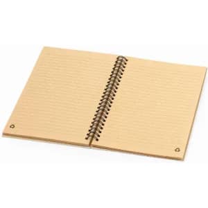 A spiral-bound notebook with lined pages and a light brown cover. Features a small logo on the corners.