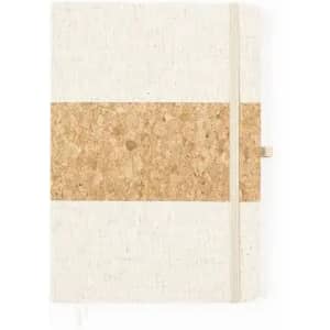 A notebook with a white cover featuring a textured cork band, secured with an elastic closure.