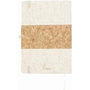 A notebook with a linen cover and a cork band, featuring an elastic closure and a ribbon marker.