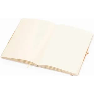 An open notebook with blank, cream-coloured pages and a ribbon marker. The cover is a soft, natural hue.